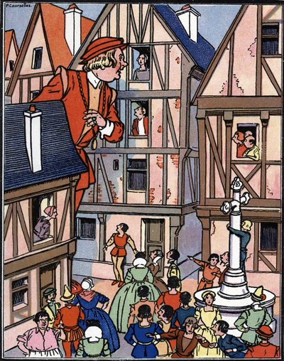 De reus Gargantua in de straten van Chinon Illustratie door Pierre Couselles uit 