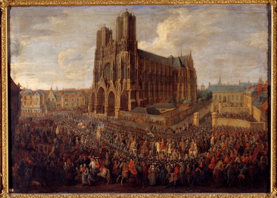 Cavalcade leidt Lodewijk XV naar de Abdij Saint Remy van Reims, 26 oktober 1722 door Pierre Denis Martin