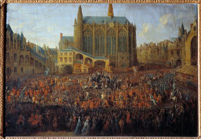 Vertrek van Lodewijk XV na het bed van gerechtigheid dat de wil van Lodewijk XIV brak, gehouden in de Grote Kamer van het Parlement van Parijs door Pierre Denis Martin
