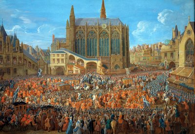 Koning Lodewijk XV (1710-1774) verlaat het bed van gerechtigheid gehouden in het Palais de Justice in Parijs op 12/09/1715 La Sainte Chapelle is zichtbaar - Schilderij in gouache door Pierre Denis Martin (1663-1742) 1715 - Parijs, musee Carnavalet door Pierre Denis Martin