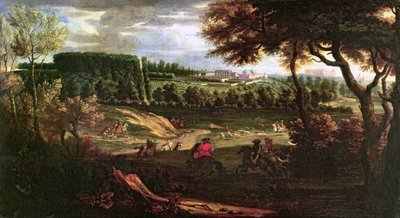 Lodewijk XIV (1638-1715) op jacht in Marly met een uitzicht op Chateau Vieux de Saint Germain door Pierre Denis Martin
