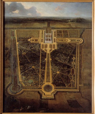 Perspectief van een kasteel en een park à la française door Pierre Denis Martin