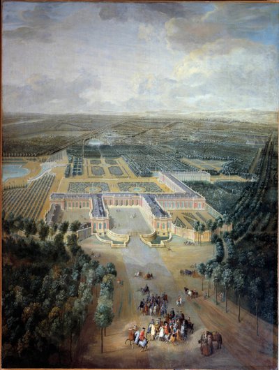 Perspectiefweergave van het kasteel en de tuinen van Trianon: promenade van koning Lodewijk XV te paard door Pierre Denis Martin