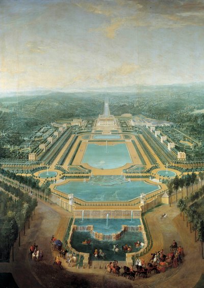 Perspectief van het kasteel van Marly, koning Lodewijk XV (1710-1774) kind in koets passeert voor de drinkbak door Pierre Denis Martin