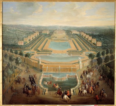 Perspectief van het kasteel van Marly, koning Lodewijk XV verlaat het kasteel door Pierre Denis Martin