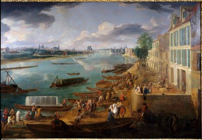 Zicht op Parijs, genomen vanaf de Quai de la Rapée in 1716 (detail van boten op de Seine en activiteiten). Schilderij door Pierre Denis Martin (1663-1742) 1716. Parijs, Musée Carnavalet door Pierre Denis Martin