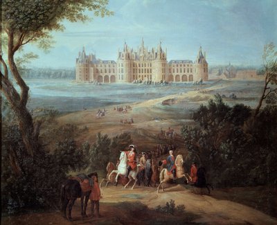 Zicht op het kasteel van Chambord, de regent Philippe II hertog van Orleans geeft bevelen voor de jacht door Pierre Denis Martin