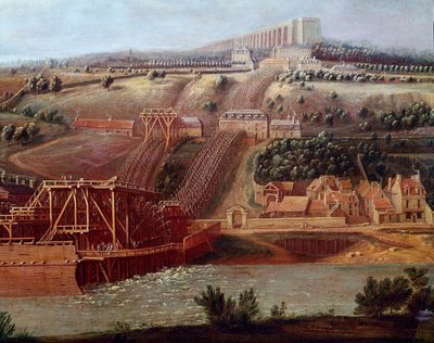 Uitzicht op de machine van het aquaduct van Marly geïnstalleerd in Bougival (detail) door Pierre Denis Martin