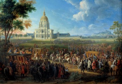 Bezoek van Koning Lodewijk XIV aan de kerk van het Koninklijk Hotel des Invalides door Pierre Denis Martin