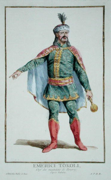 Emerici Tokoli, Hoofd van de Ontevredenen van Hongarije uit Receuil des Estampes, Representant les Rangs et les Dignites, suivant le Costume de toutes les Nations existantes, gepubliceerd 1780 door Pierre Duflos