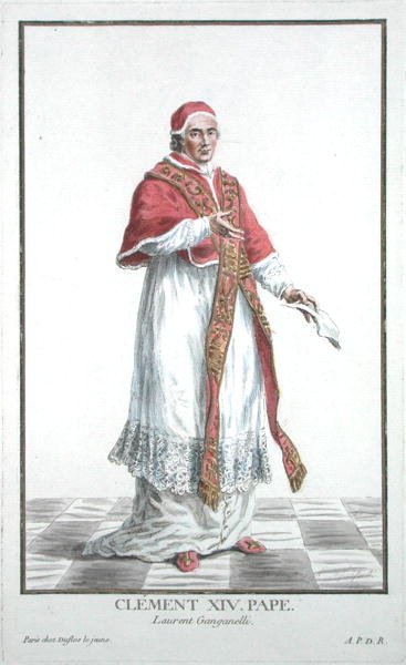 Lorenzo Ganganelli (1705-74) Paus Clemens XIV (1769-74) uit Receuil des Estampes, representant les Rangs et les Dignites, suivant le Costume de toutes les Nations existantes, gepubliceerd 1780 door Pierre Duflos