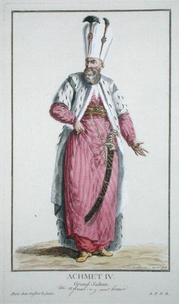 Sultan Achmet IV (r.1603-17) uit Receuil des Estampes, representant les Rangs et les Dignites, suivant le Costume de toutes les Nations existantes, gepubliceerd 1780 door Pierre Duflos