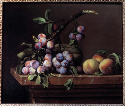Pruimen, pompoen en perziken op een marmeren entablement door Pierre Dupuis