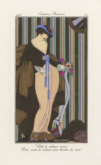 Ontwerp voor een fluwelen jurk, uit Costumes Parisien, uitgegeven 1913 (pochoir print) door Pierre E. Legrain