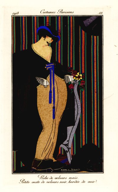 Vrouw in jurk van maïsgeel fluweel met zwart vest door Pierre E. Legrain