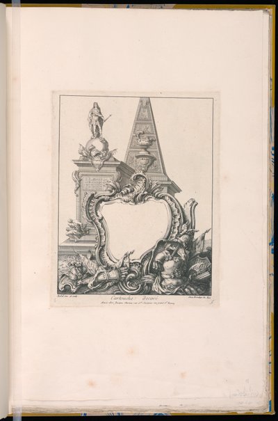 Cartouche met Trofeeën, een Standbeeld en een Piramide door Pierre Edme Babel