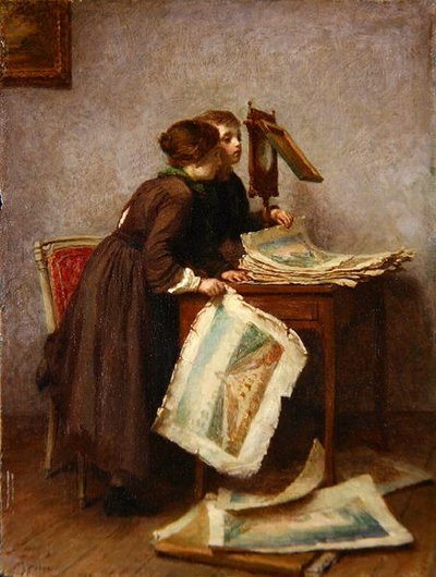 Kinderen die naar prenten kijken, ca. 1870 door Pierre Edouard Frere