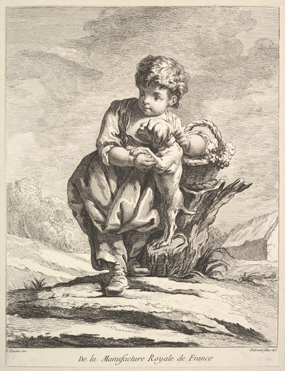 Kind met een hond, met een mand druiven, uit Premier Livre de Figures, 1757 door Pierre Etienne Falconet