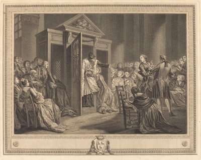 De biechtstoel door Pierre Etienne Moitte after Pierre Antoine Baudouin