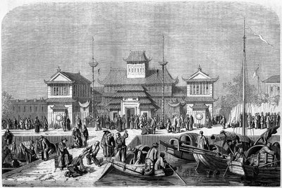 Douanezicht in de haven van Shanghai in 1860, China. Gravure door Grandsire, in 