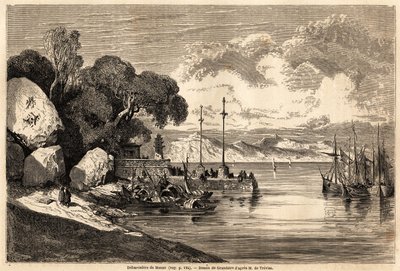 De Barcadere van Macau. Gravure in Le tour du monde, nouveau journal des voyages. door Pierre Eugene Grandsire