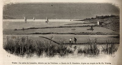 De zoutziederij van Lusandra, in de buurt van Triëst, vernietigd door de Venetianen die het als een gevaarlijke concurrentie voor het monopolie dat ze in de Adriatische Zee uitoefenden, gravure door E. Grandsire ter illustratie van de reis naar Istrië en D door Pierre Eugene Grandsire
