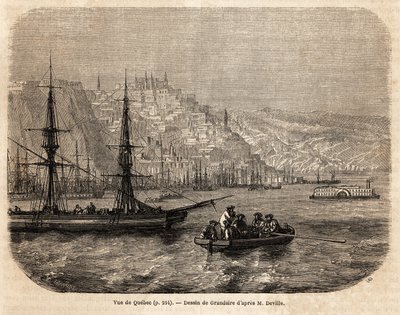 Uitzicht op Quebec, tekening door Grandsire, ter illustratie van de reizen naar Noord-Amerika in 1854-1855, door L. Deville. Gravure in "Le tour du monde" 1861. Selva