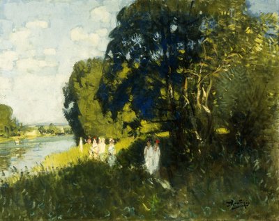 Een Mooie Zondag aan de Oevers van de Seine; un Beau Dimanche au Bord de la Seine door Pierre Eugene Montezin