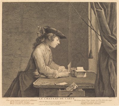 Het kaartenhuis door Pierre Filloeul after Jean Siméon Chardin