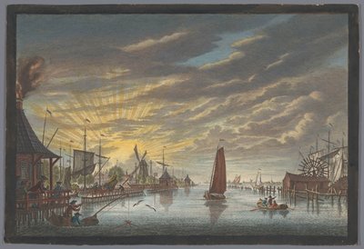 Gezicht op de oude jachthaven te Amsterdam, gezien richting het bolwerk Leeuwenburg ofwel Blauwhoofd door Pierre Fouquet