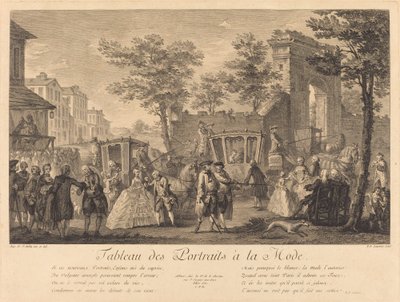 Portrettengalerij in de mode door Pierre Francois Courtois after Augustin de Saint Aubin