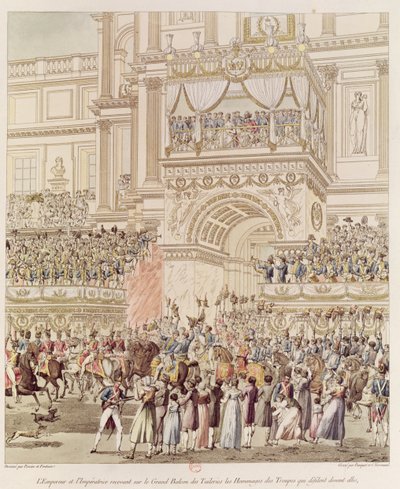 De keizer en de keizerin ontvangen de hulde van de Franse troepen vanaf het balkon van de Tuilerieën ter gelegenheid van hun huwelijk, gegraveerd door Charles Pierre Joseph Normand (1765-1840) door Pierre Francois Leonard Fontaine