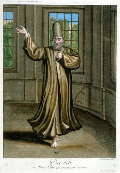 Dervich, of Turkse monnik die danst uit devotie, "Collectie van 100 prenten die verschillende naties van de Levant vertegenwoordigen in 1707 en 1708" in opdracht van M. de Frriol, ambassadeur van de koning aan de Porte en bijgewerkt in 1712-13 door de zorg door Pierre François Basan