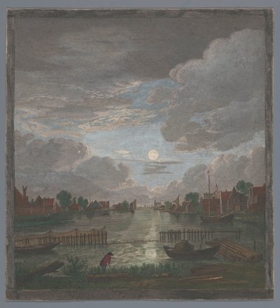 Gezicht op een kanaal in de omgeving van de stad Haarlem bij maanlicht door Pierre François Basan