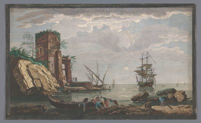 Gezicht op een kust in de omgeving van de stad Toulon bij maanlicht door Pierre François Basan