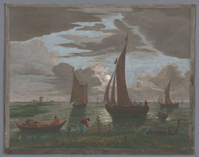 Gezicht op een kust met schepen en boten op het water bij maanlicht door Pierre François Basan