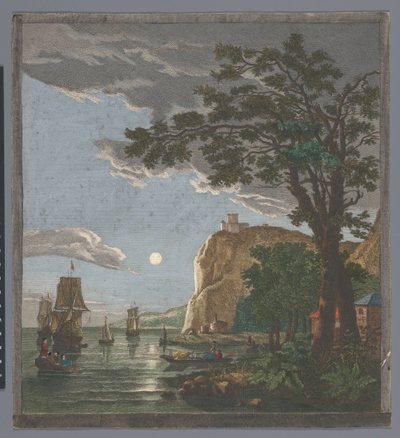 Gezicht op een kust met schepen en boten op het water bij maanlicht door Pierre François Basan
