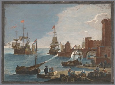 Gezicht op een zeehaven met schepen en boten op het water door Pierre François Basan