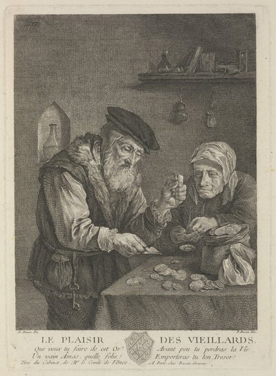 Pleziertjes van de oude dag naar het schilderij van David Teniers de Jongere, midden 18e eeuw door Pierre François Basan