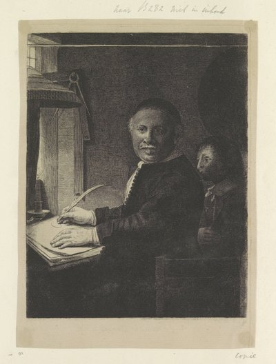 Portret van de schrijfmeester Lieven Willemsz. van Coppenol: kleine plaat door Pierre François Basan