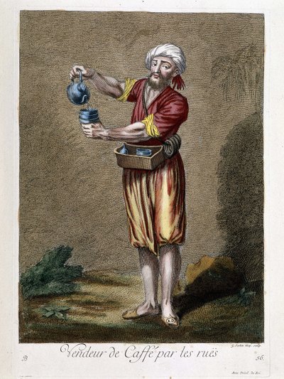 Verkoper van koffie op straat, "Collectie van 100 prenten die verschillende naties van de Levant vertegenwoordigen in 1707 en 1708" in opdracht van M. de Frriol, ambassadeur van de koning aan de Porte en bijgewerkt in 1712-13 door de zorg van M. Le Hay, Ba door Pierre François Basan