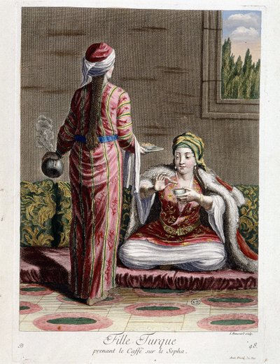 Turks meisje drinkt koffie op de sofa, "Collectie van 100 prenten die verschillende naties van de Levant vertegenwoordigen in 1707 en 1708" in opdracht van M. de Frriol, ambassadeur van de koning aan de Porte en bijgewerkt in 1712-13 door de zorg van M. Le door Pierre François Basan