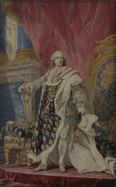 Portret van Lodewijk XV in zijn koninklijke kostuum door Pierre François Cozette