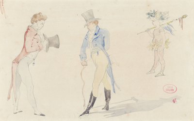 Licht schetsblad met twee elkaar ontmoetende dandies en een ballet-amour door Pierre François Eugène Giraud