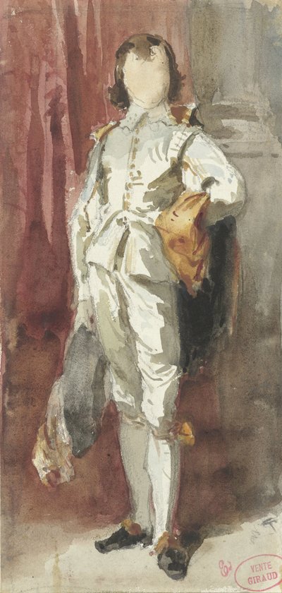 Staande knaap in Van Dyck-kostuum, tegen een rood gordijn gezet door Pierre François Eugène Giraud