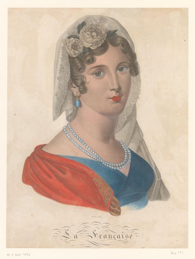 Franse vrouw met oorbel met blauwe edelsteen, witte sluier en rozen in het haar door Pierre François Isidore Dècle