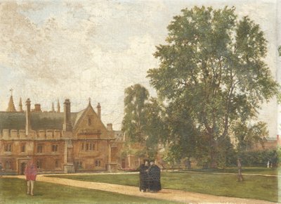 In de tuinen van Magdalen College, met portretten van Magdalen Fellows: Dominee T. H. T. Hopkins, Dominee H. R. Bramley, Dominee J. Rigaud en Dominee H. F. Garnsey, 1882 door Pierre François Joseph Tonneau