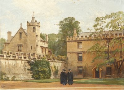De Grammatica Hal vanuit St. Johns Quadrangle in 1881: President Bulley in de Lodgings Drive en twee anderen, 1881 door Pierre François Joseph Tonneau