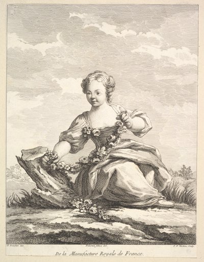 Klein meisje met een bloemenkrans, uit Deuxième Livre de Figures d