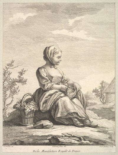 Klein meisje met druiven met een mand ervan naast haar, uit Deuxième Livre de..., na 1757 door Pierre François Tardieu